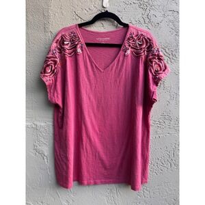 Soft Surroundings Pink Shirt Blouse Embroidered Beaded Floral Casual Boho